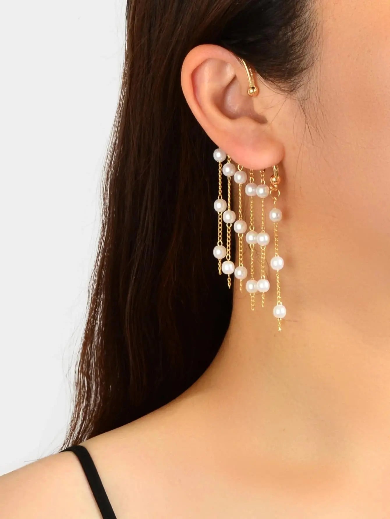1 pc Pearl Decoration Long Gold Chain Tassel Ear Cuff Dangle Statement Earrings Feelontop Jewellery