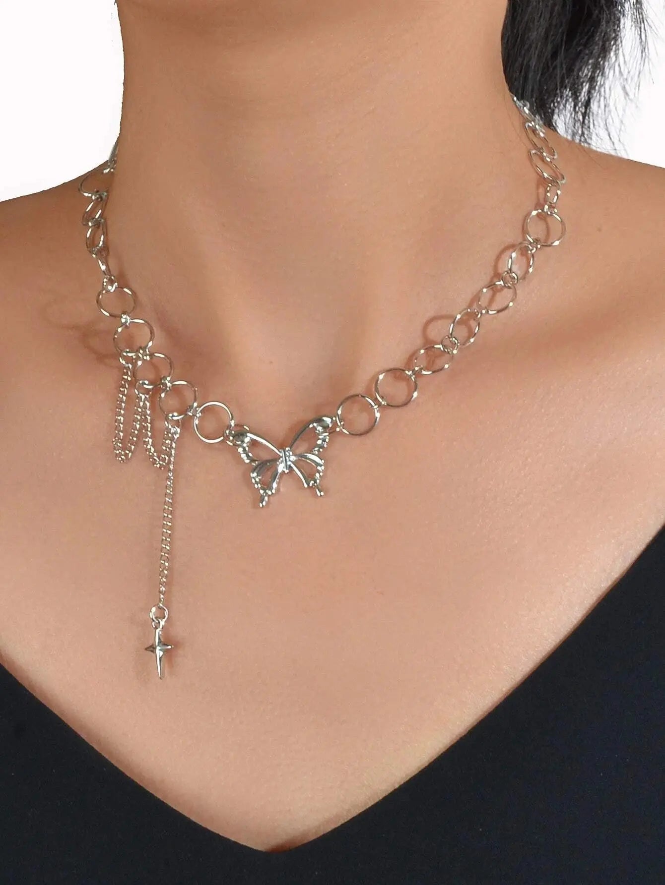 Silver Chain Star Butterfly Fringe Necklace Tassel Collar Accessories Jewellery Feelontop Jewellery