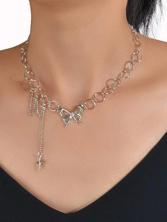 Silver Chain Star Butterfly Fringe Necklace Tassel Collar Accessories Jewellery Feelontop Jewellery