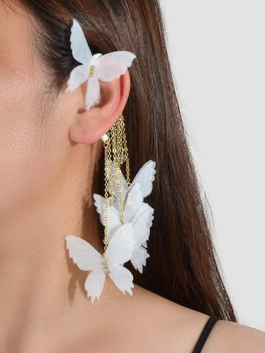 1pc Gold Tassel Chain White Handmade Butterfly Dangle Earring Ear Cuff Climber Feelontop Jewellery
