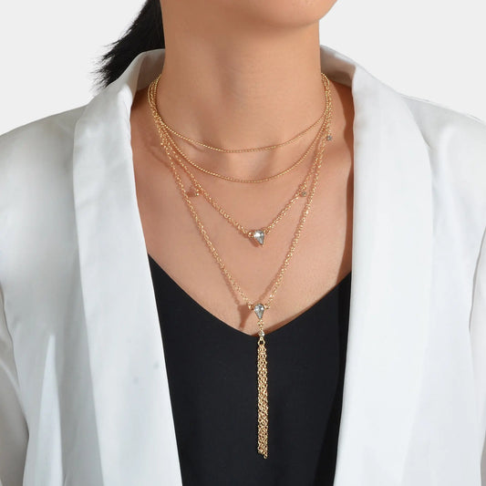 Statement Jewellery Rhinestone Multi-layer Gold Chain Tassel Pendant Necklace Feelontop Jewellery