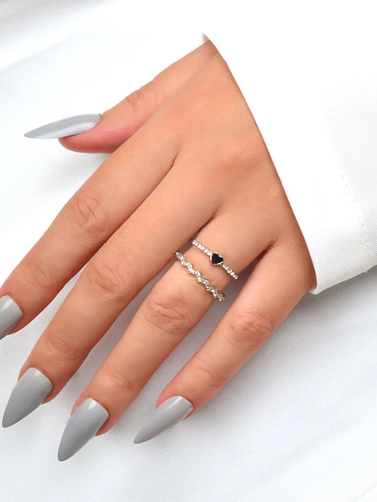 2pcs Black Enamel Heart Silver Love Rings Women Romantic Band Teen Birthday Gift Feelontop Jewellery