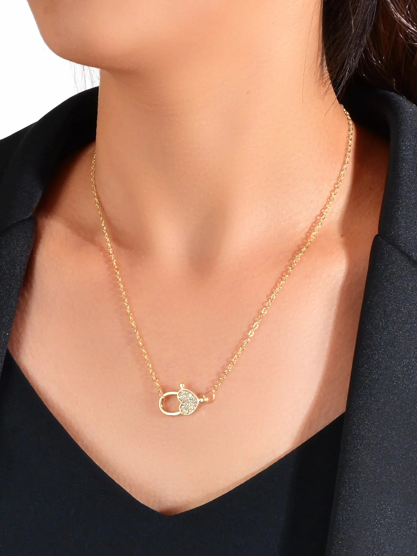 Engagement Jewellery Gift Gold Chain Rhinestone Decor Heart Lock Charm Necklace Feelontop Jewellery