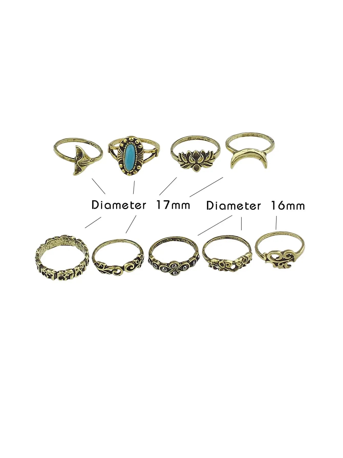 Stackable 9pcs Tribal Ethnic Lotus Elephant Moon Flower Multiple Bulk Rings set Feelontop Jewellery