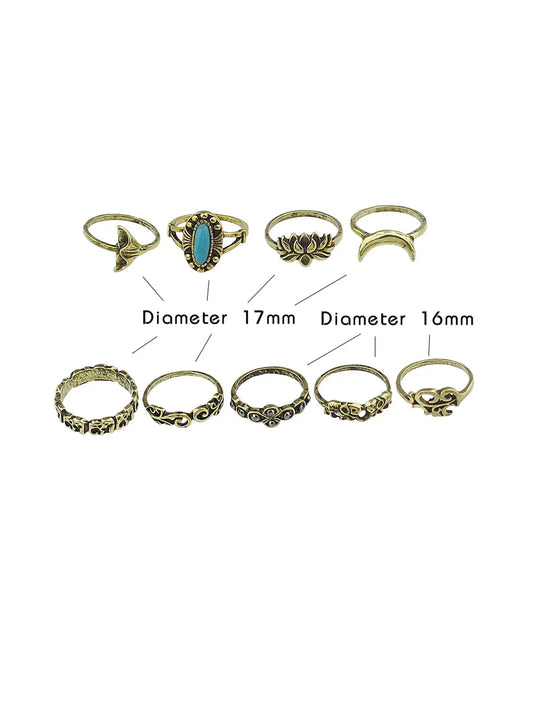 Stackable 9pcs Tribal Ethnic Lotus Elephant Moon Flower Multiple Bulk Rings set Feelontop Jewellery
