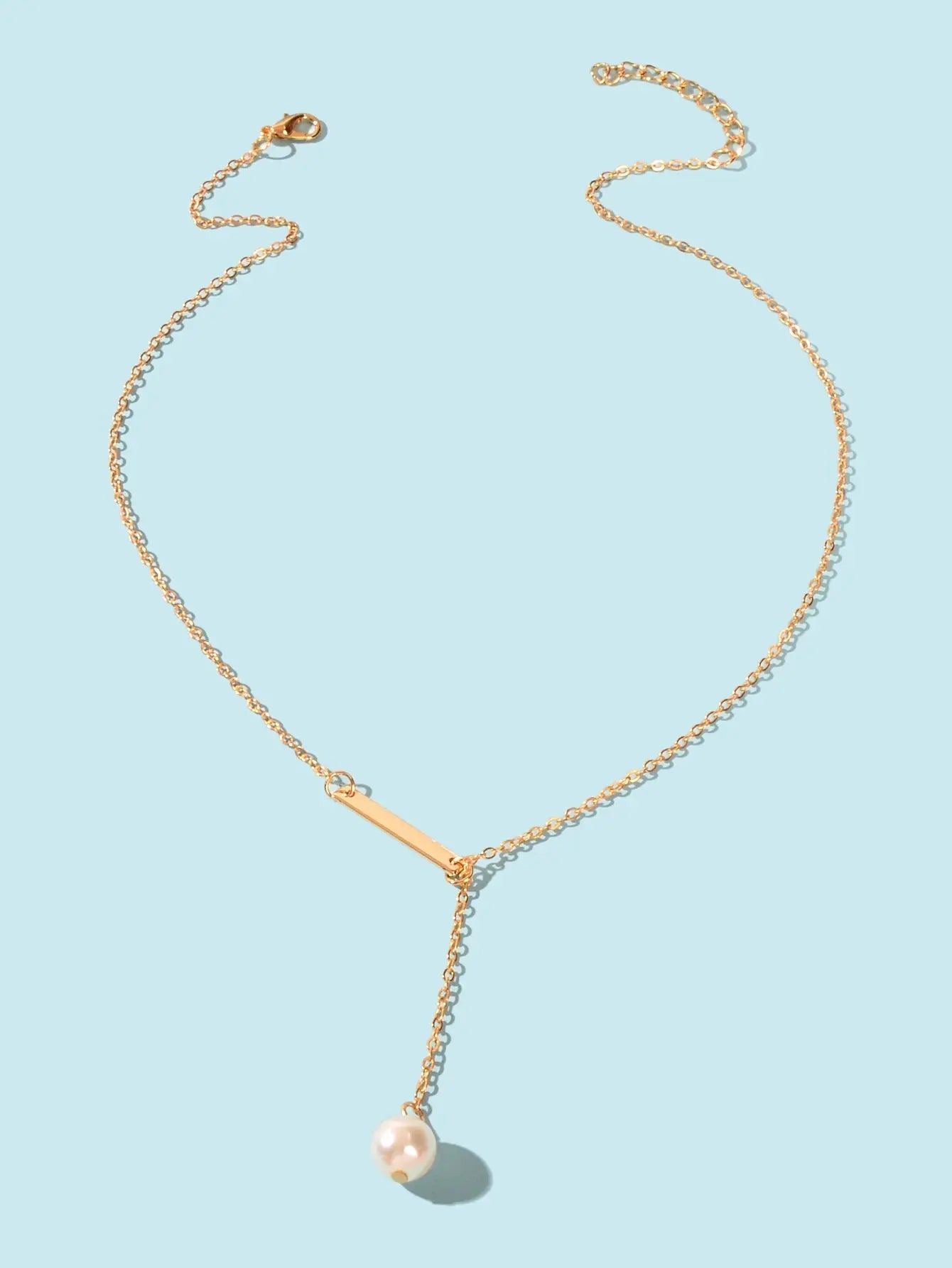 Designer Jewelry Gold Chain Geometric Bar Lariat Y-Shaped Pearl Pendant Necklace Feelontop Jewellery