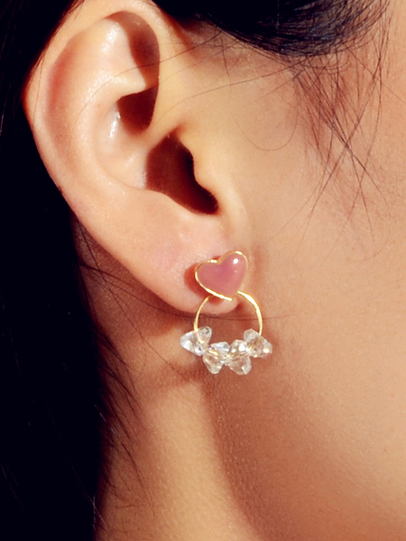 Trendy Ladies Jewellery Transparent Beads Gold Circle Red Heart Stud Earrings Feelontop Jewellery