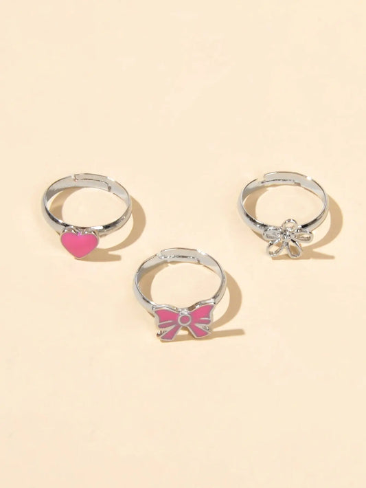 3 pcs Pink Heart Bowknot Trendy Silver Flower Multiple Cuff Finger Ring Set Gift Feelontop Jewellery