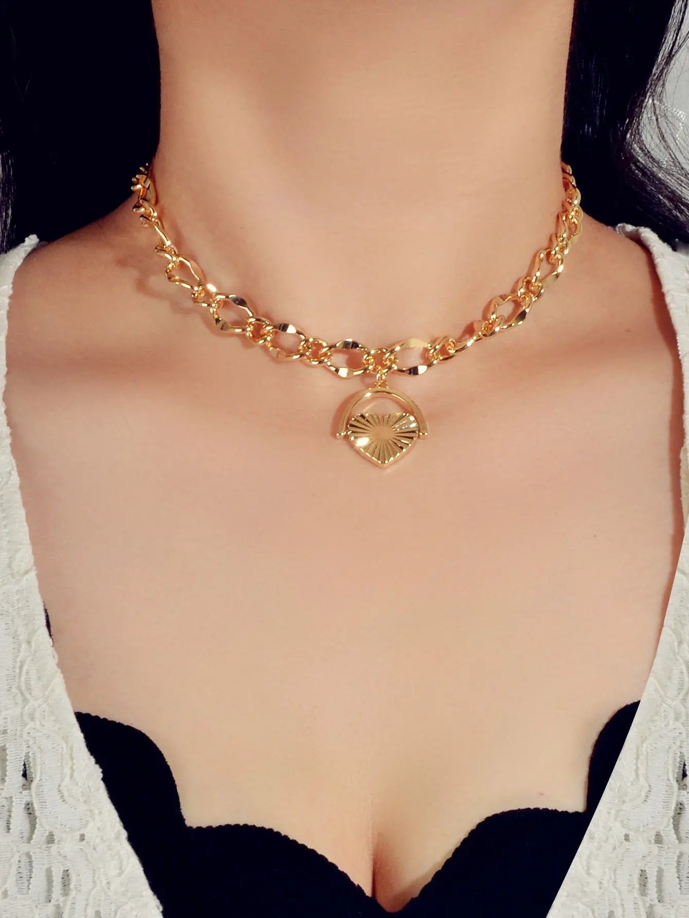 Female Accessories Thick Gold Chain Heart Statement Necklace Designer Jewellery Feelontop Jewellery