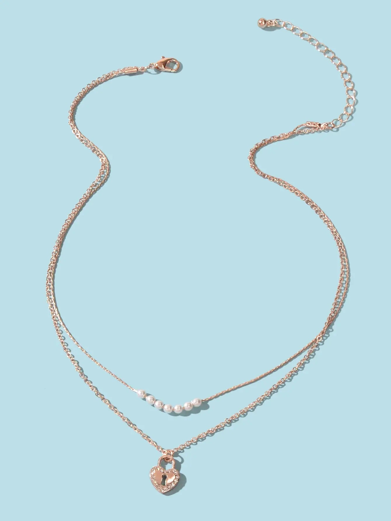 Double Layer Rose Gold Chain String Pearl Heart Lock Pendant Necklace Girlfriend Feelontop Jewellery