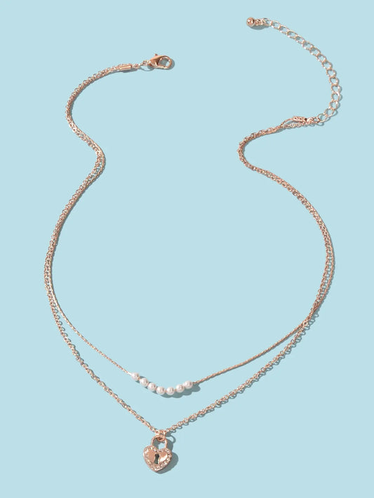 Double Layer Rose Gold Chain String Pearl Heart Lock Pendant Necklace Girlfriend Feelontop Jewellery