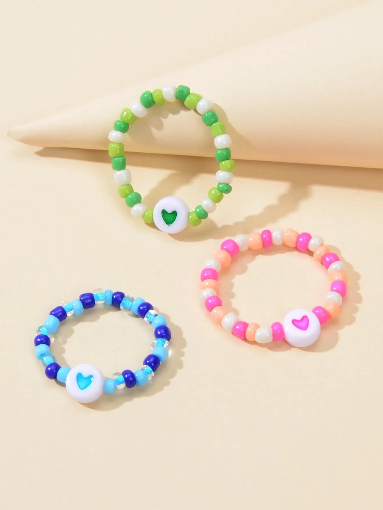 3pcs Colorful Bead Elastic Heart Pattern Multiple Stackable Midi Finger Ring Set Feelontop Jewellery