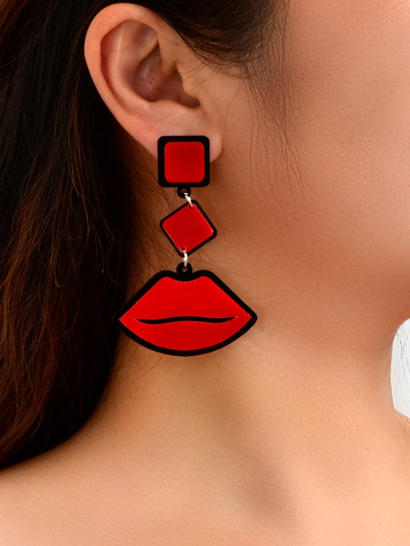 Playful Red Lips Pendant Long Stud Earrings Teenager's Expressive Fun Jewellery Feelontop Jewellery