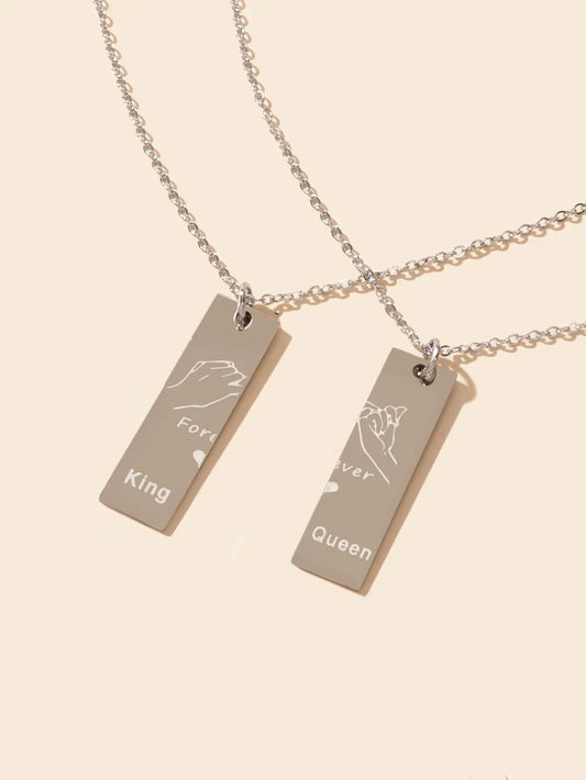 2 pcs Love Heart King Queen Square Pendant Couple Lover Matching Necklaces Gift Feelontop Jewellery