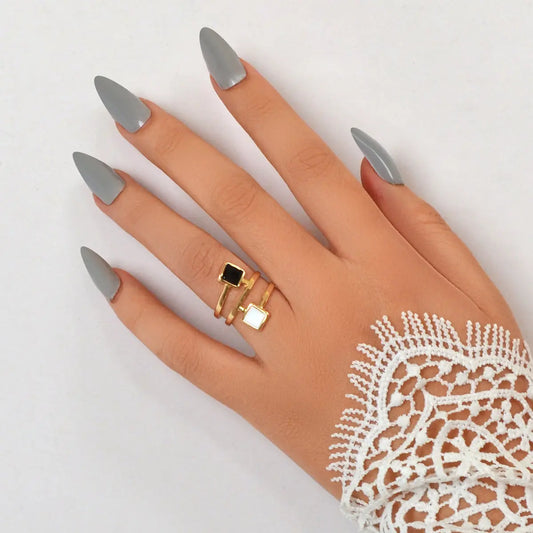 Party Daily Jewelry Band for Women Black White Enamel Square Hollow Gold Ring Feelontop Jewellery