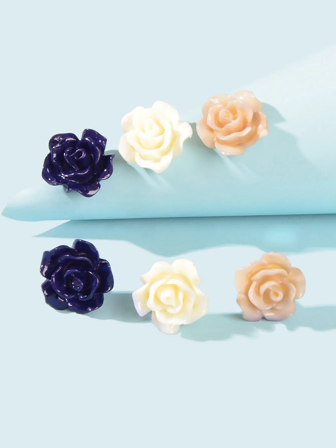 3pairs Colorful Resin Rose Flower Earrings Ear Stud Piercing Cartilage Jewellery Feelontop Jewellery