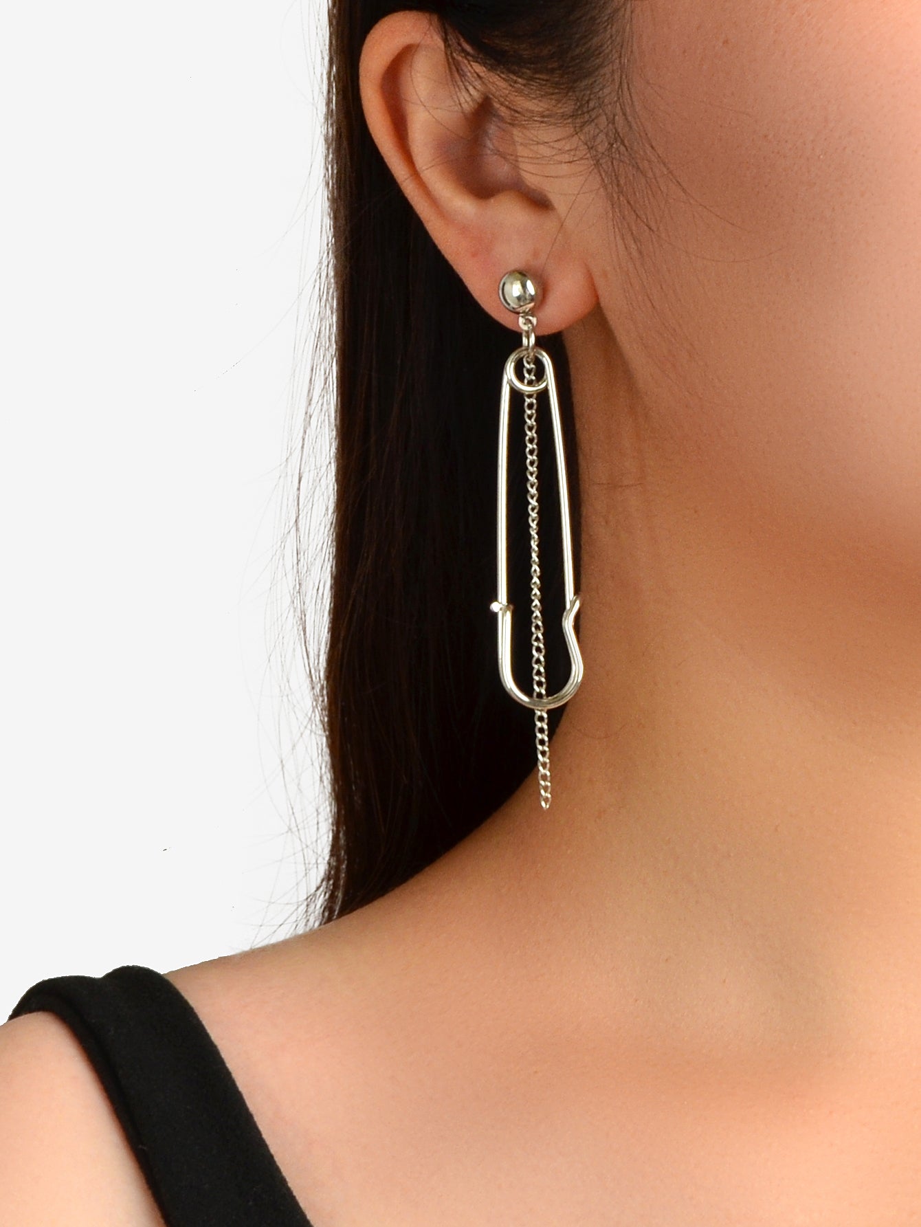 Asymmetric Punk Hip Hop Gold Silver Chain Pin Shape Hoop Stud Statement Earrings Feelontop Jewellery