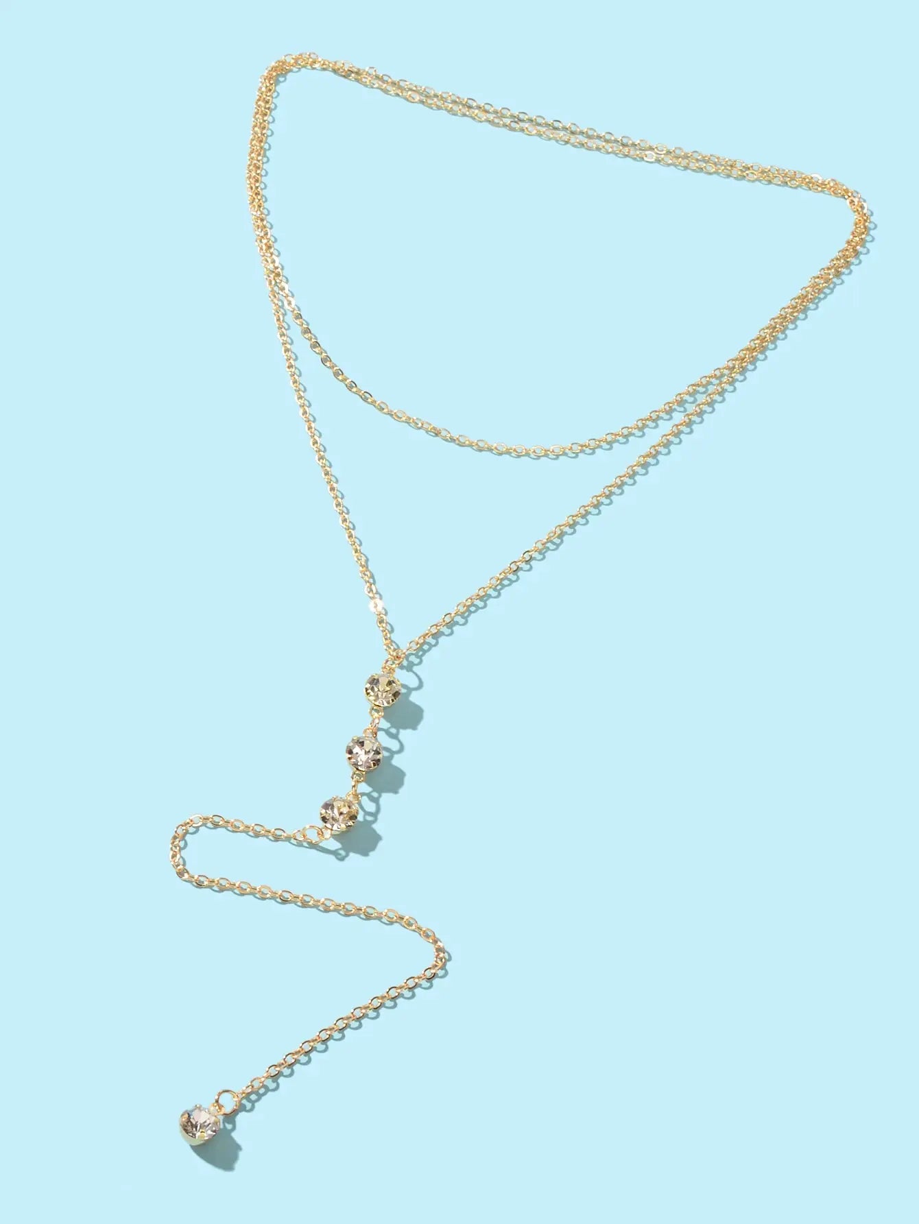 Trendy Double layer Gold Silver Chain Rhinestone Y Style Long Pendant Necklace Feelontop Jewellery