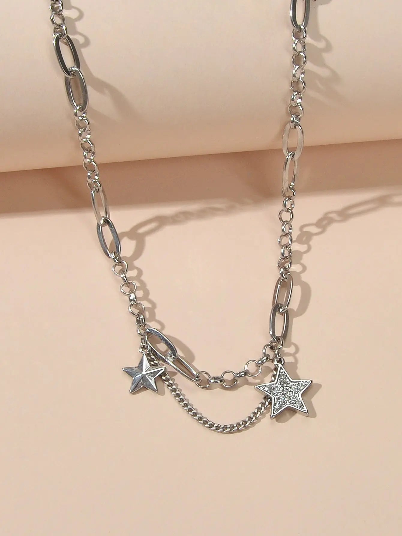 Retro Silver Trendy Paperclip Chain Rhinestone Star Charm Short Collar Necklace Feelontop Jewellery