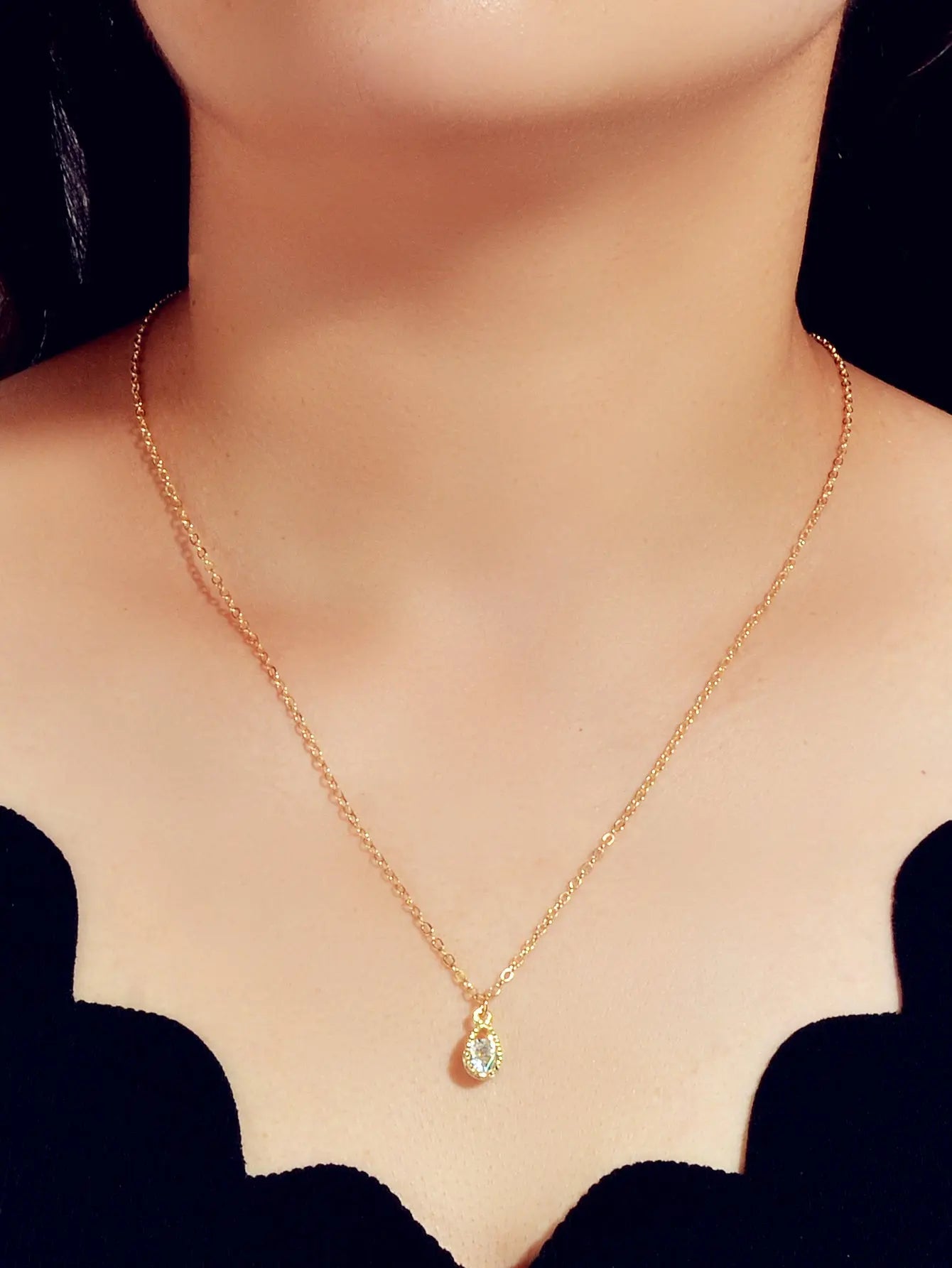 Charming Gold Chain Simulated Cubic Zirconia Water Drop Pendant Necklace Wedding Feelontop Jewellery