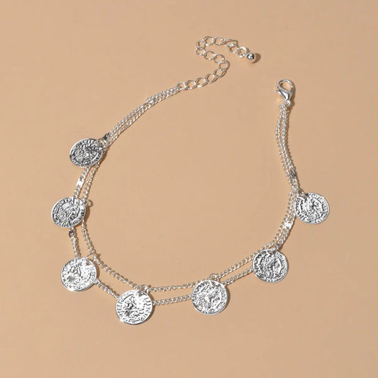 1 pc Boho Chic Double layer Silver Chain Cion Charm Anklet Foot Beach Jewellery Feelontop Jewellery
