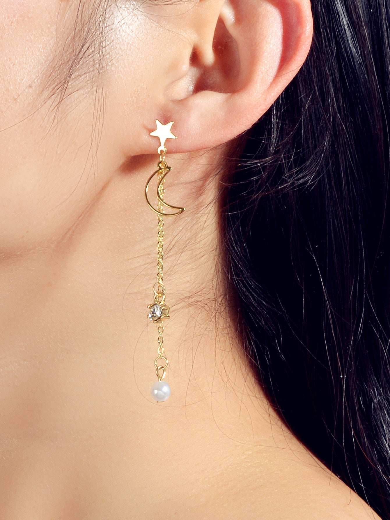 Asymmetric Pearl Rhinestone Decor Long Chain Star Moon Planet Dangle Earrings Feelontop Jewellery