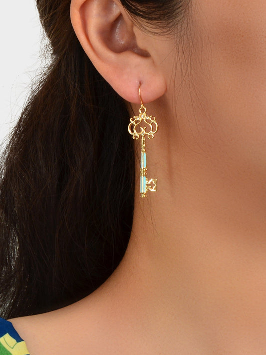 Personality Gold Colour Blue Enamel Dangling Drop Magic Key Earrings Party Gift Feelontop Jewellery