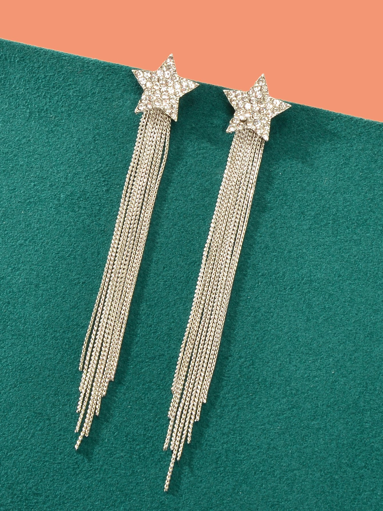 Elegant Luxury Rhinestone Decor Star Long Silver Chain Tassels Dangling Earrings Feelontop Jewellery