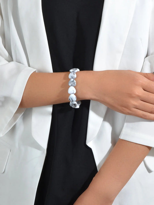 Boho Retro Jewellery Green Grey Resin Heart Beads Elastic Strand Bracelet Bangle Feelontop Jewellery