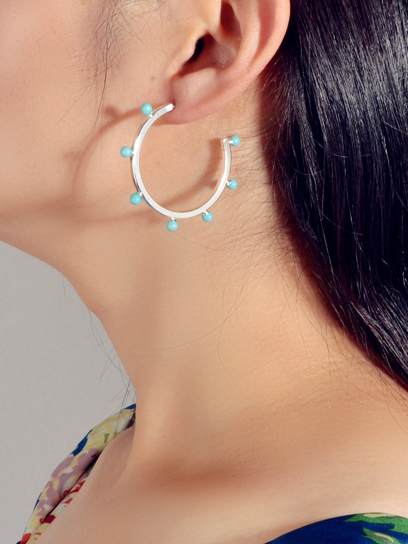 Designer Stylish Blue Hotpink Beads Silver Circle C Hoop Huggie Stud Earrings Feelontop Jewellery