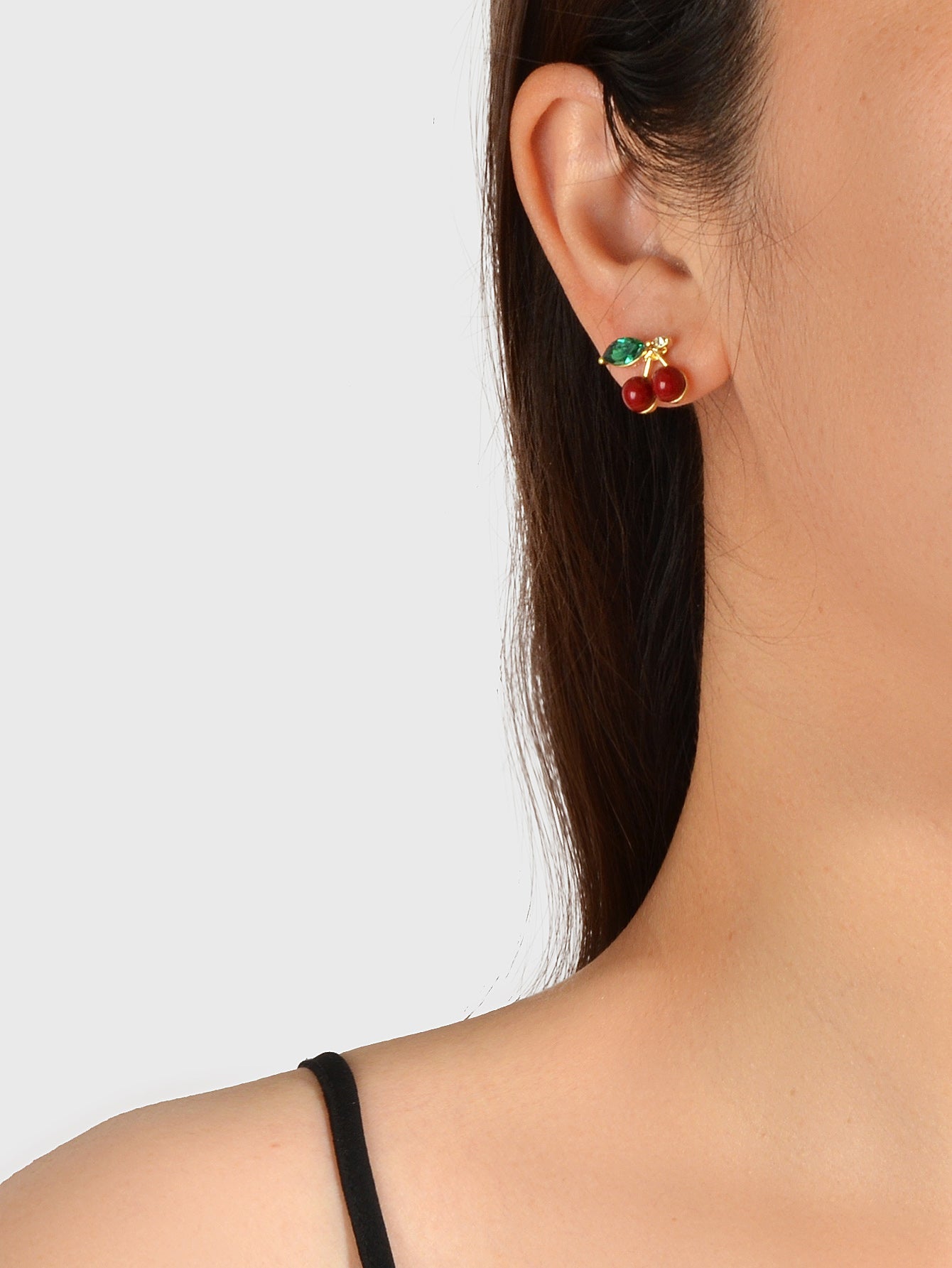 Lovely Fruit Jewellery Green Crystal Leaf Red Beads Stud Elegant Cherry Earrings Feelontop Jewellery