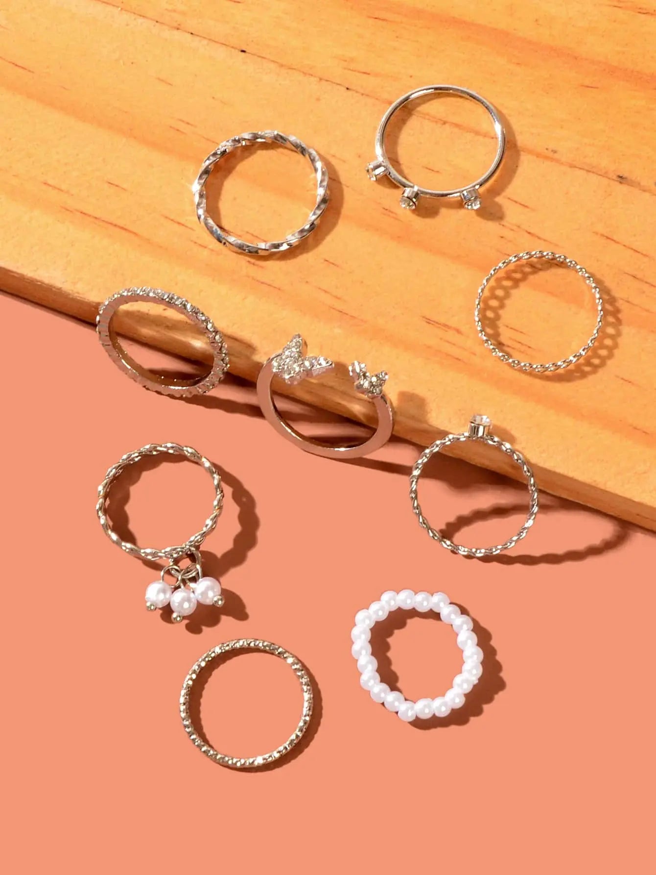 Set of Ten Silver Butterfly and Pearl Shaped Rings Elegant Statement Collection Feelontop Jewellery