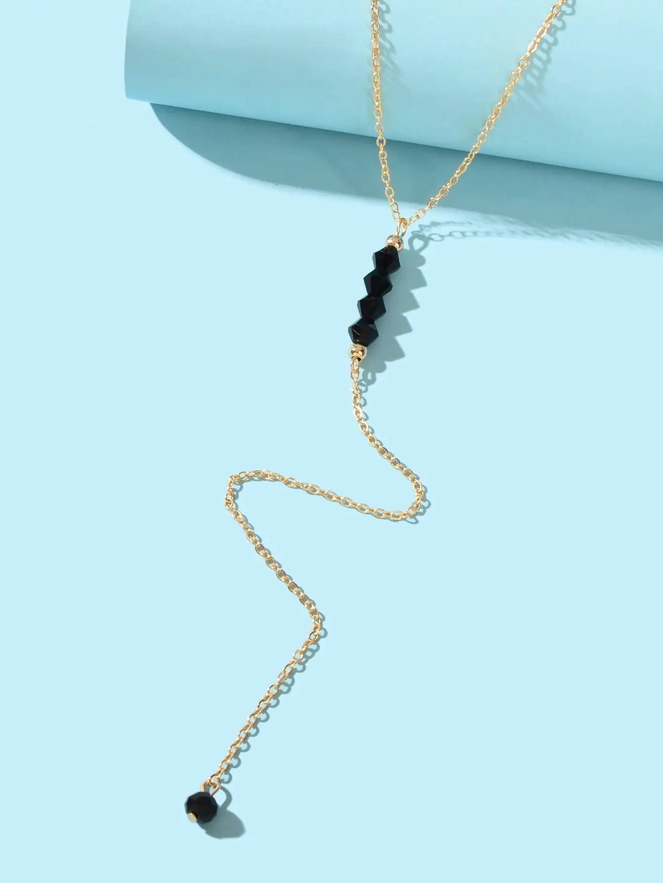 Chic Black Beaded Decor Gold Silver Chain Long Pendant Y Style Dainty Necklace Feelontop Jewellery