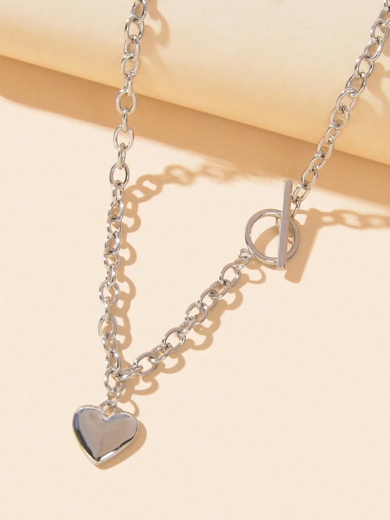 Silver Heart Pendant OT Clasp Necklace Elegant Statement Long Chain Jewelry Feelontop Jewellery