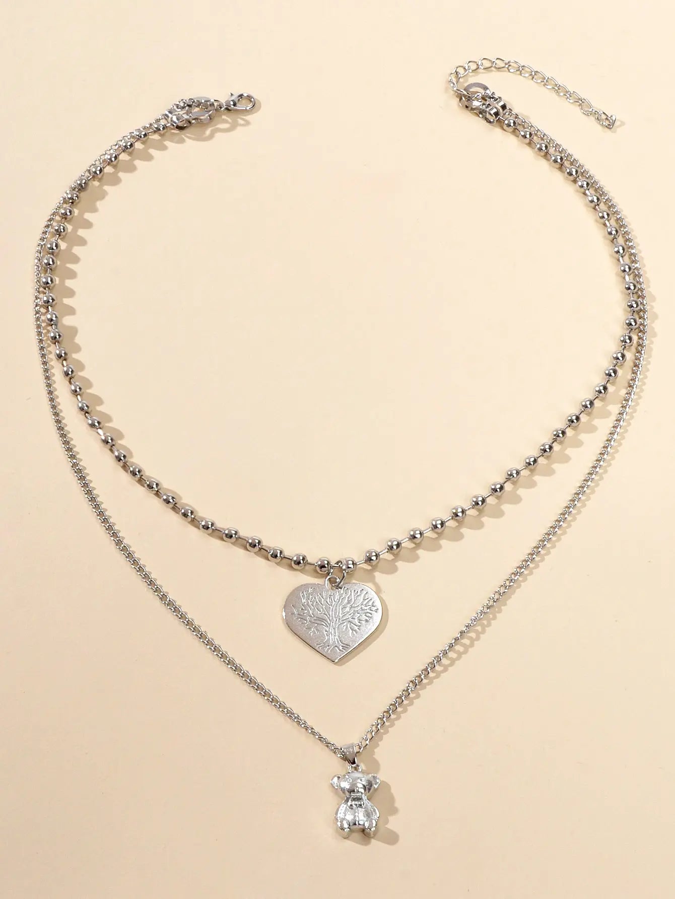 Statement Jewellery Popcorn Double layer Silver Chain Heart Bear Charm Necklace Feelontop Jewellery