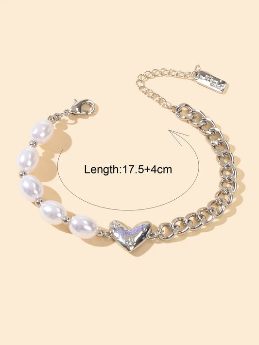 Retro Silver Pearl Beads Chain Letter Love Heart Charm Bracelet Textured Jewelry Feelontop Jewellery