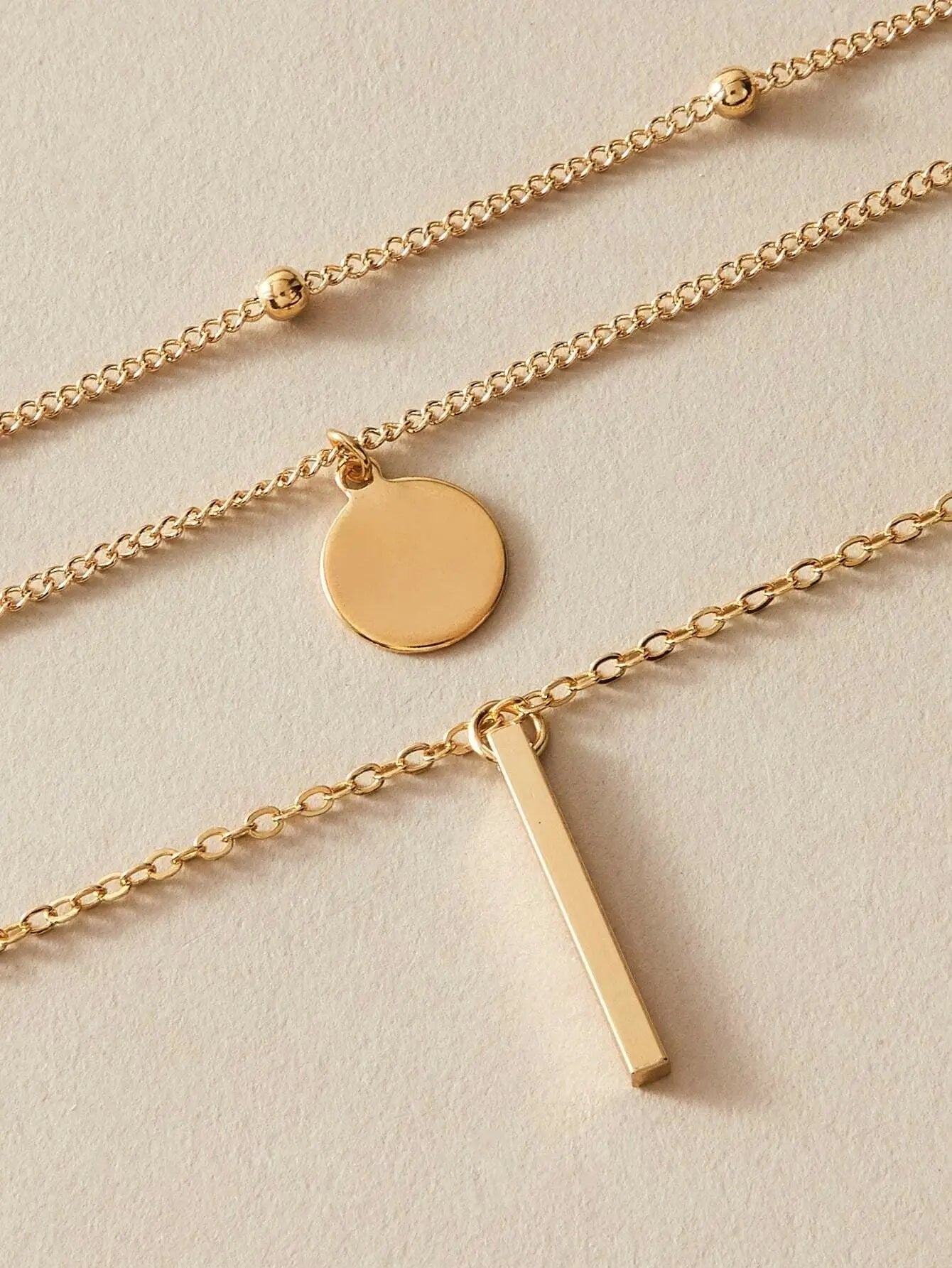 Boho Multi-Layer 3pcs Bar Disc Charm Metal Round Beads Chain Choker Necklace Feelontop Jewellery