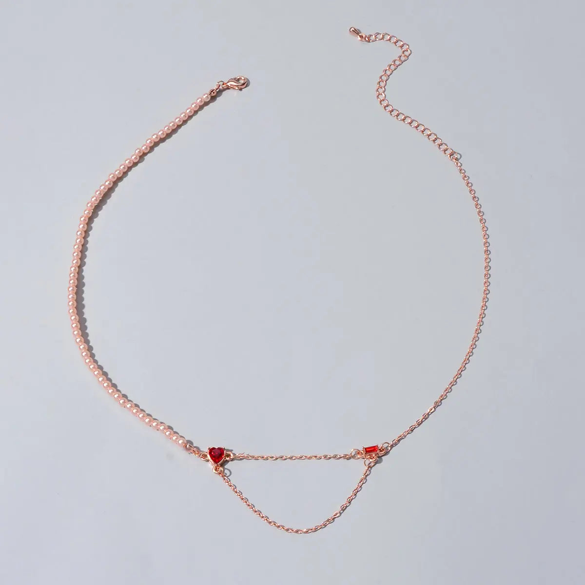 Perfect Engagement Gift Rosegold Chain Pearl Heart Sqaure Red Crystal Necklace Feelontop Jewellery