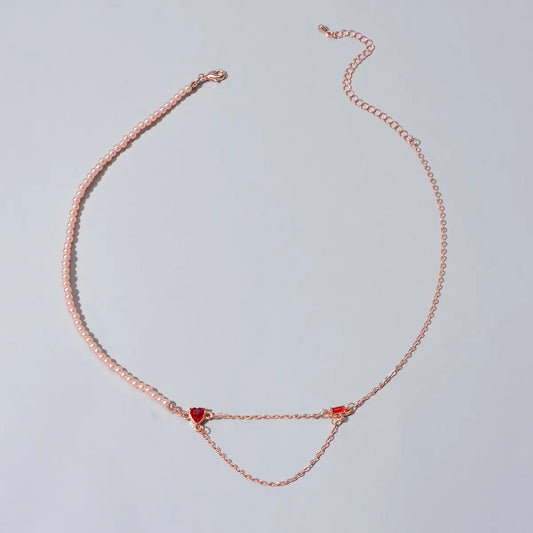 Perfect Engagement Gift Rosegold Chain Pearl Heart Sqaure Red Crystal Necklace Feelontop Jewellery