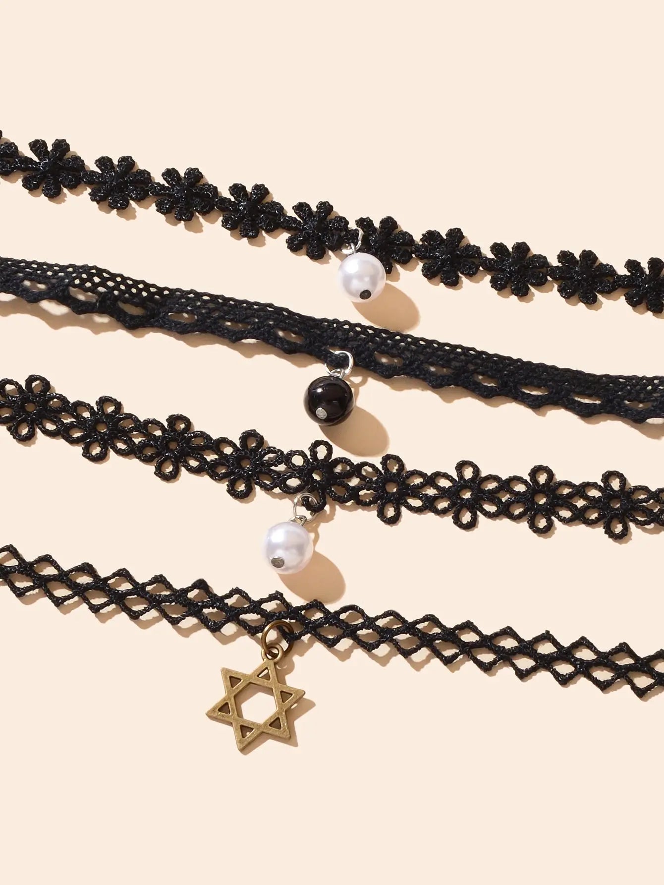 4 pcs Retro Star Beaded Charm Flower Geometric Tattoo Choker Black Lace Necklace Feelontop Jewellery