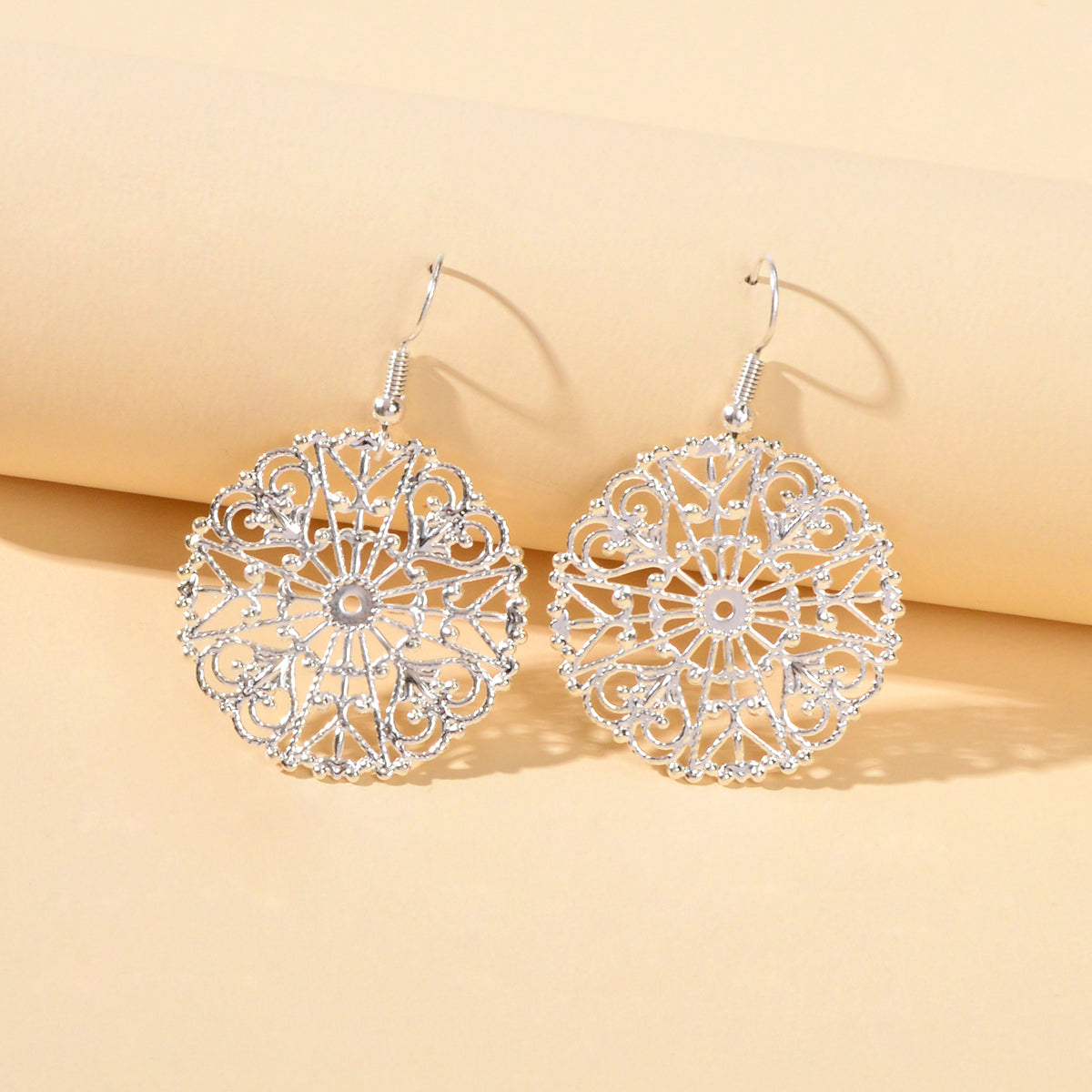 Ladies Jewellery Hollow Gold Silver Flower Pattern Round Trendy Dangle Earrings Feelontop Jewellery