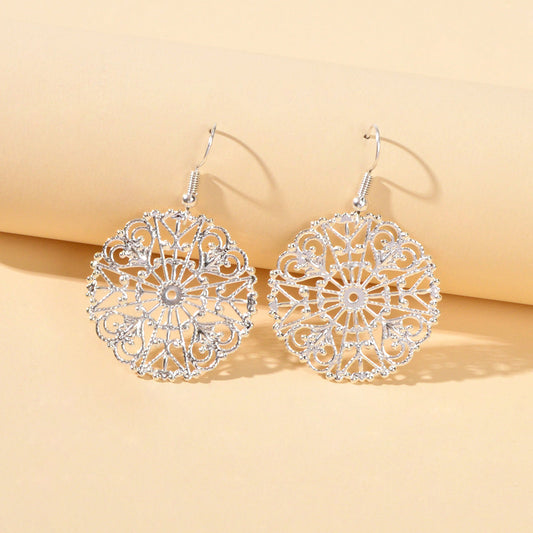 Ladies Jewellery Hollow Gold Silver Flower Pattern Round Trendy Dangle Earrings Feelontop Jewellery