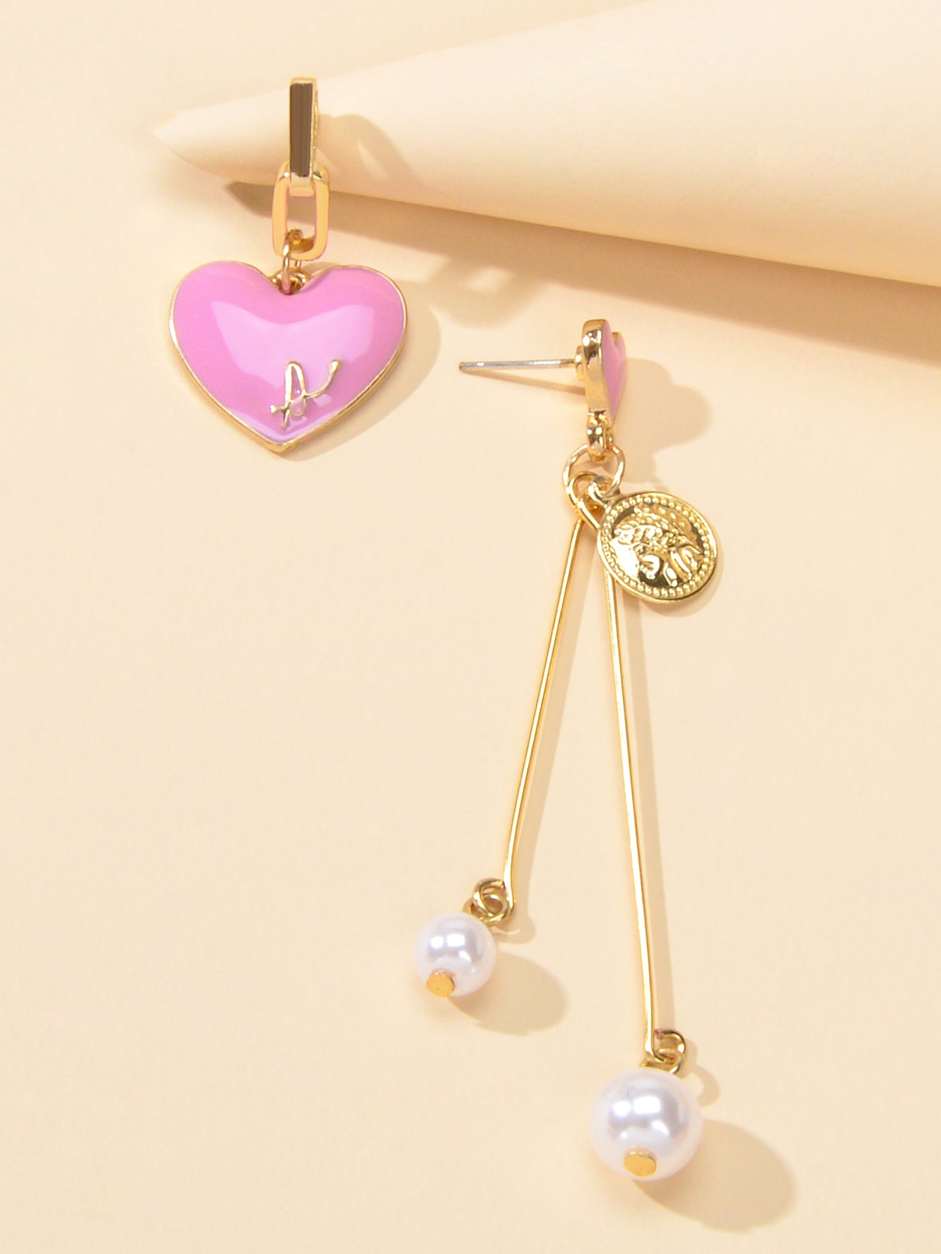 Valentine's Day Jewellery Pearl Cion Charm Pink Enamel Heart Asymmetric Earrings Feelontop Jewellery