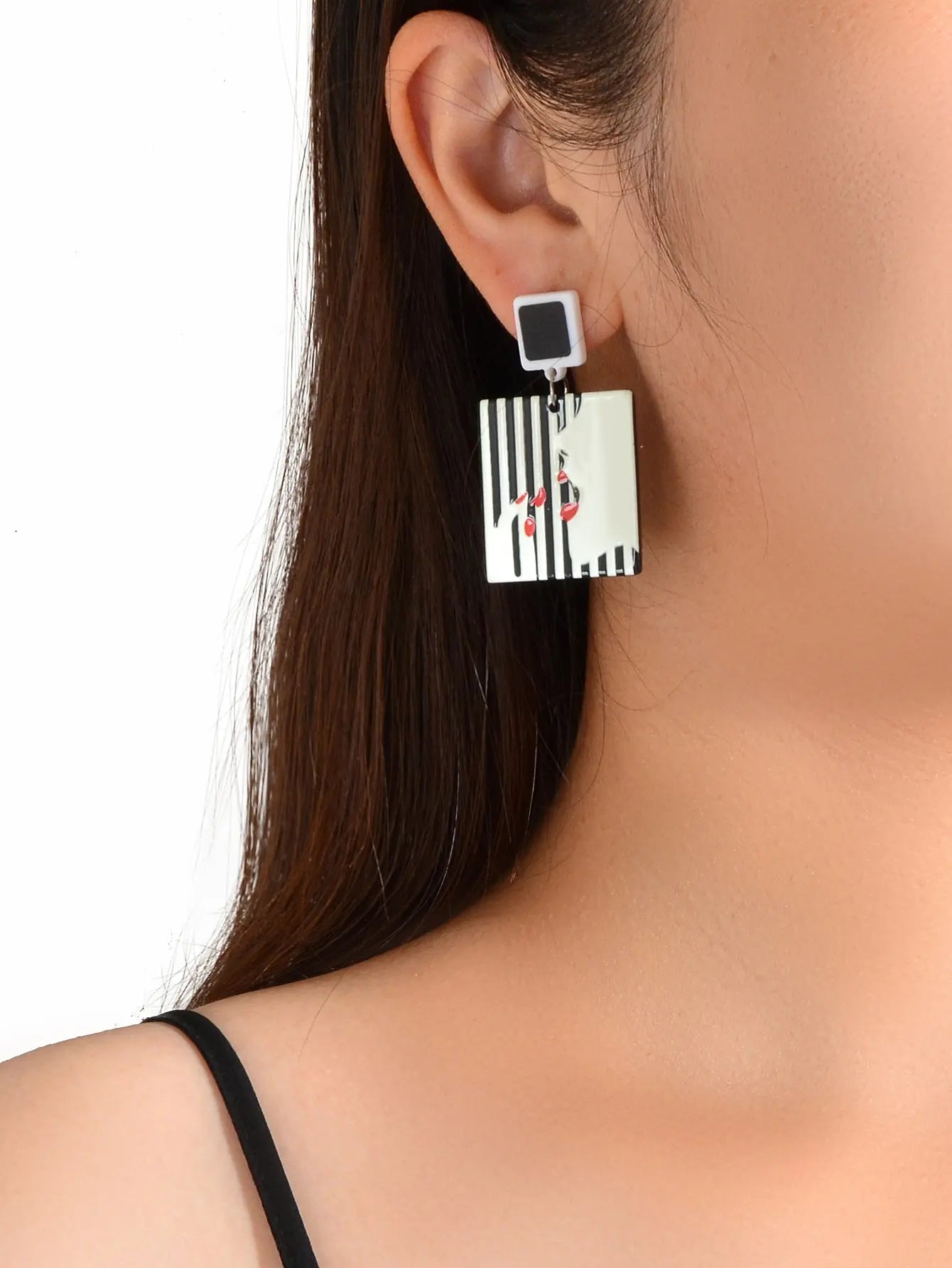 Women Red Lip Lipstick Pattern White Black Square Resin Dangle Pierced Earrings Feelontop Jewellery