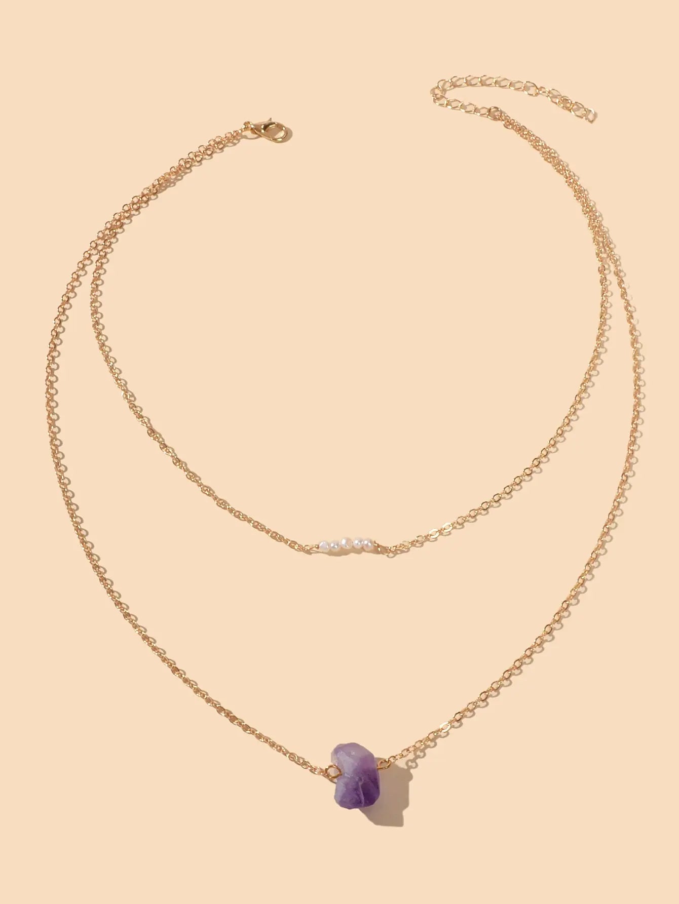 Boho Chic Jewellery Pearl Decor Double layer Chain Purple Stone Pendant Necklace Feelontop Jewellery