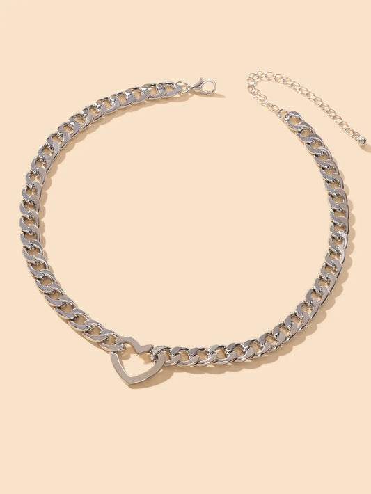 Fashion Punk Choker Crude Silver Link Chain Heart Charm Collar Clavicle Necklace Feelontop Jewellery