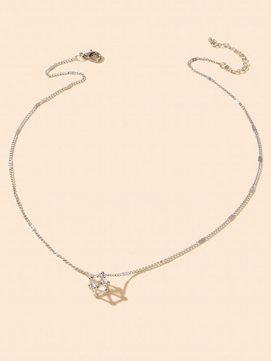 Silver Chain 3D Cube Pendant Necklace Popular Accessories Party Gift Jewellery Feelontop Jewellery