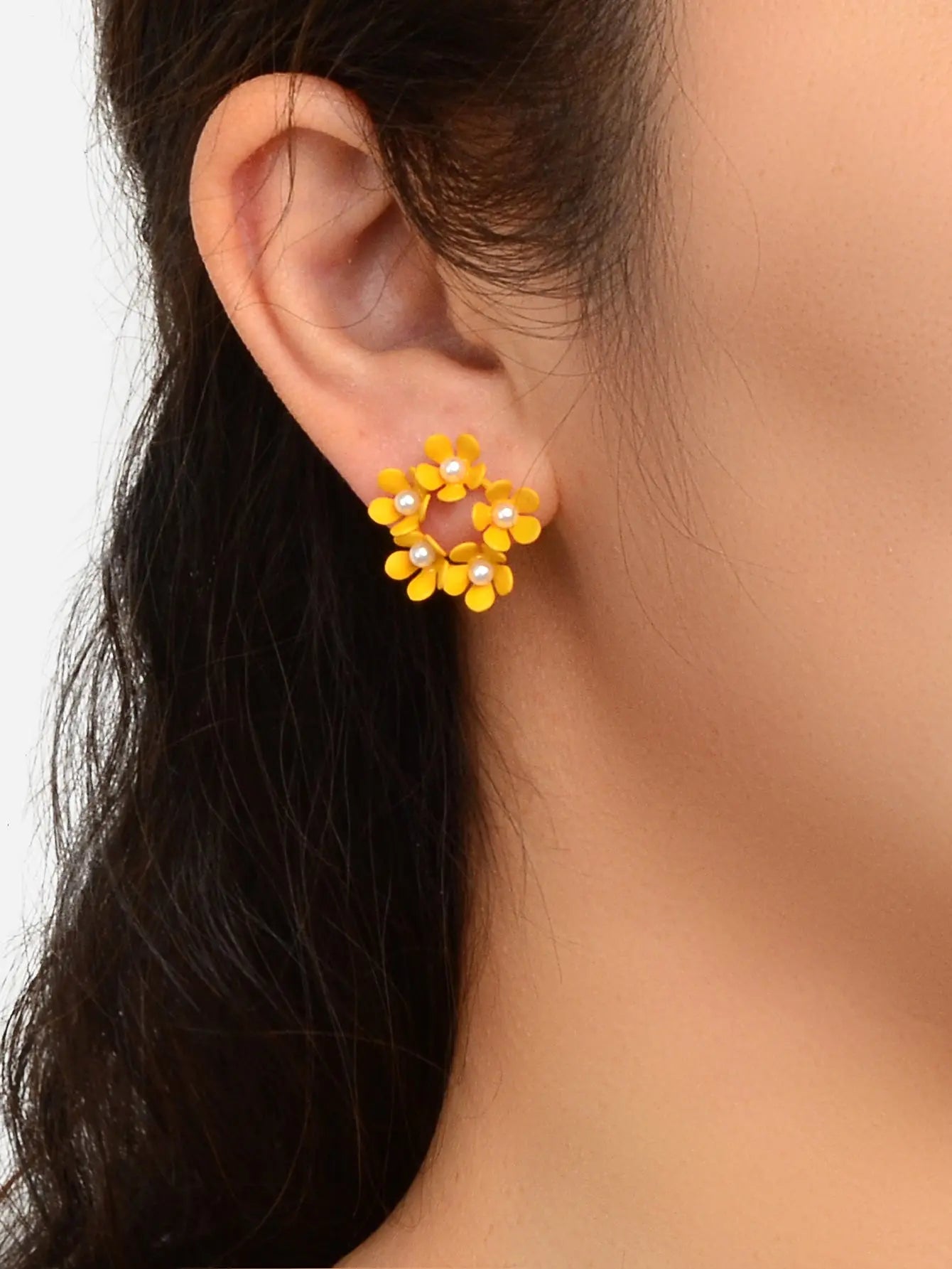 Delicate Pearl Decoration Yellow Flower Stud Hypoallergenic Small Women Earrings Feelontop Jewellery
