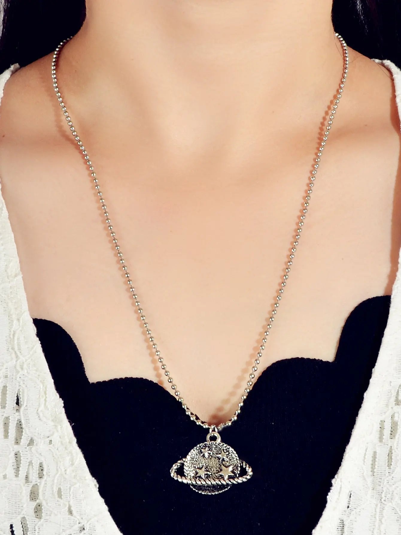 Goth HipHop Style Antique Silver Popcorn Chain Star Planet Pendant Punk Necklace Feelontop Jewellery