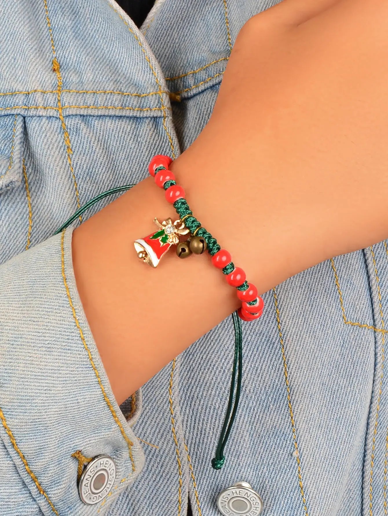 Xmas Gift Jewellery Green Braided Rope Red Beaded Bell Charm Adjustable Bracelet Feelontop Jewellery